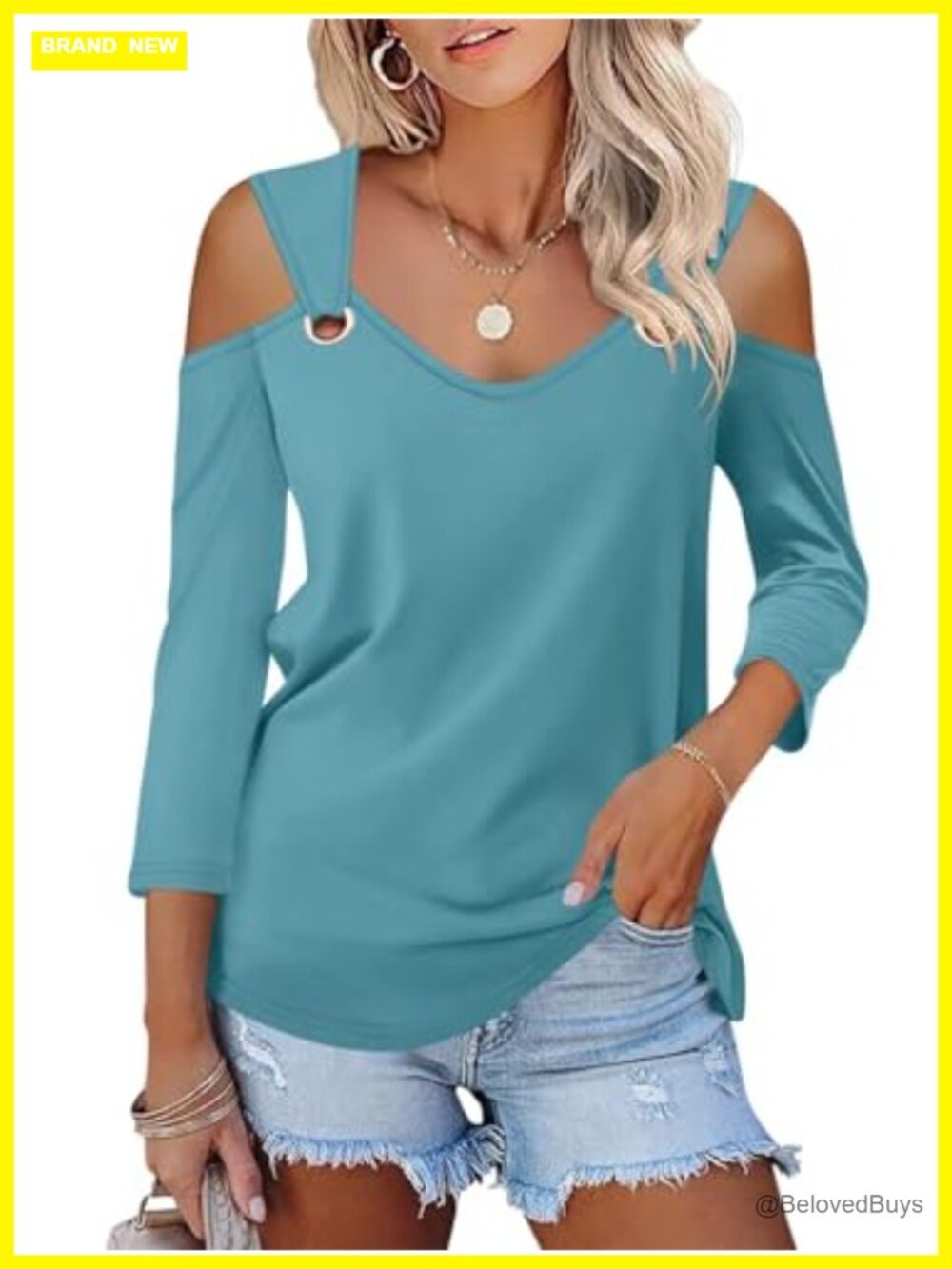 Women's V Neck Cold Shoulder 3/4 Sleeve T-Shirt Casual Top